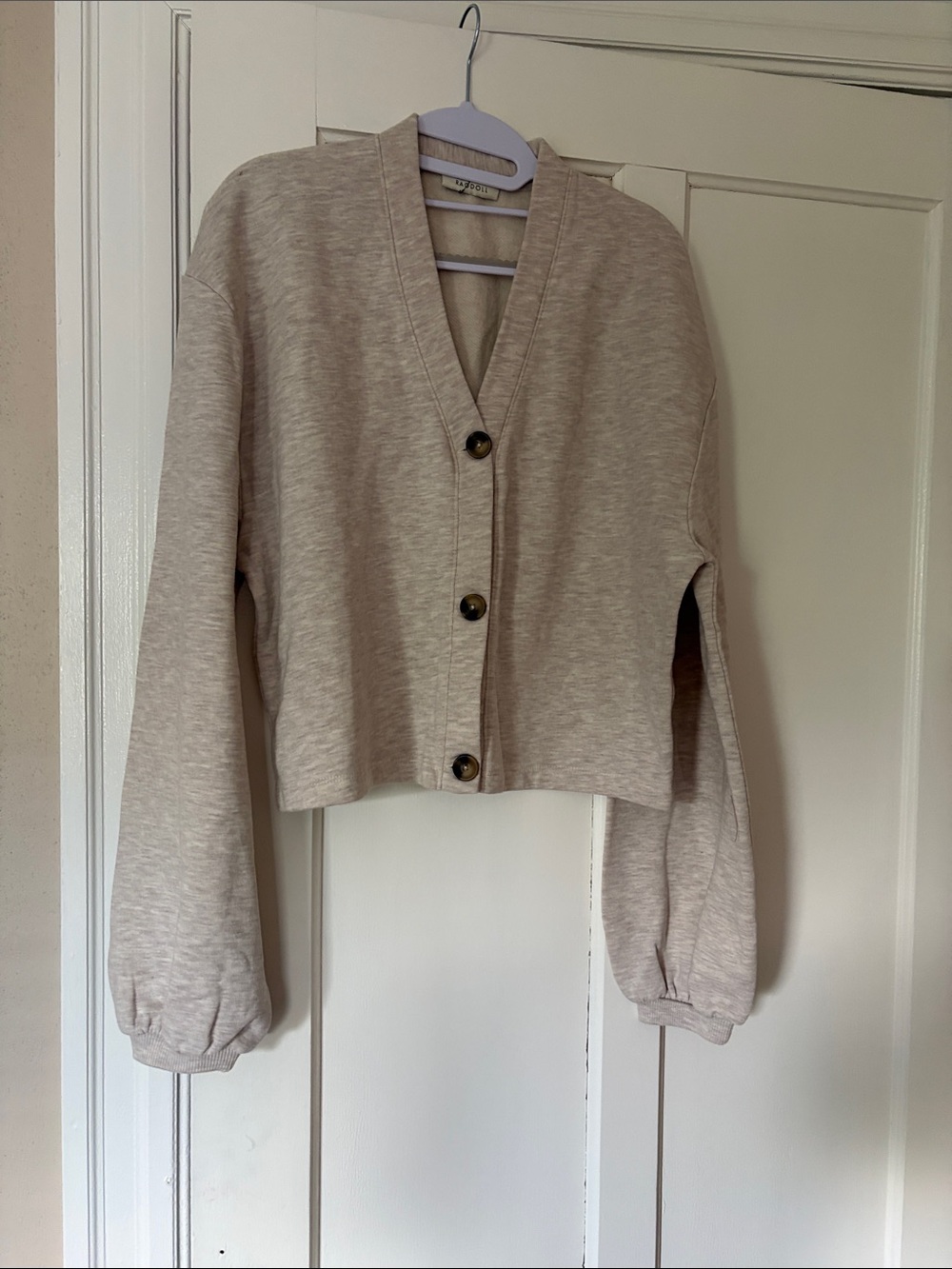 Ragdoll LA Neutral Cropped V-Neck Button Cardigan Sweater - Beige/Grey, M, NWOT